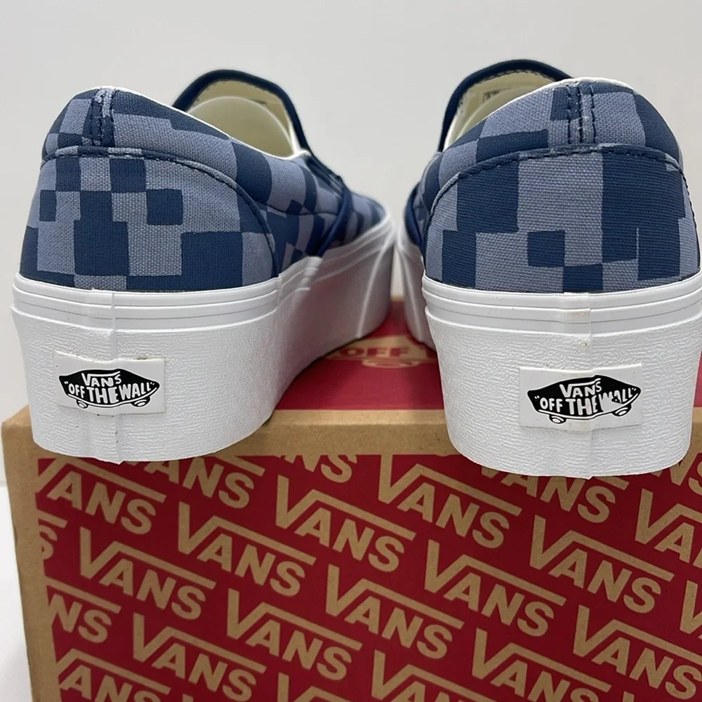 Vans WMNS Blue Checkered Classic Slip-On Sneakers Platforms Multi Check Blue